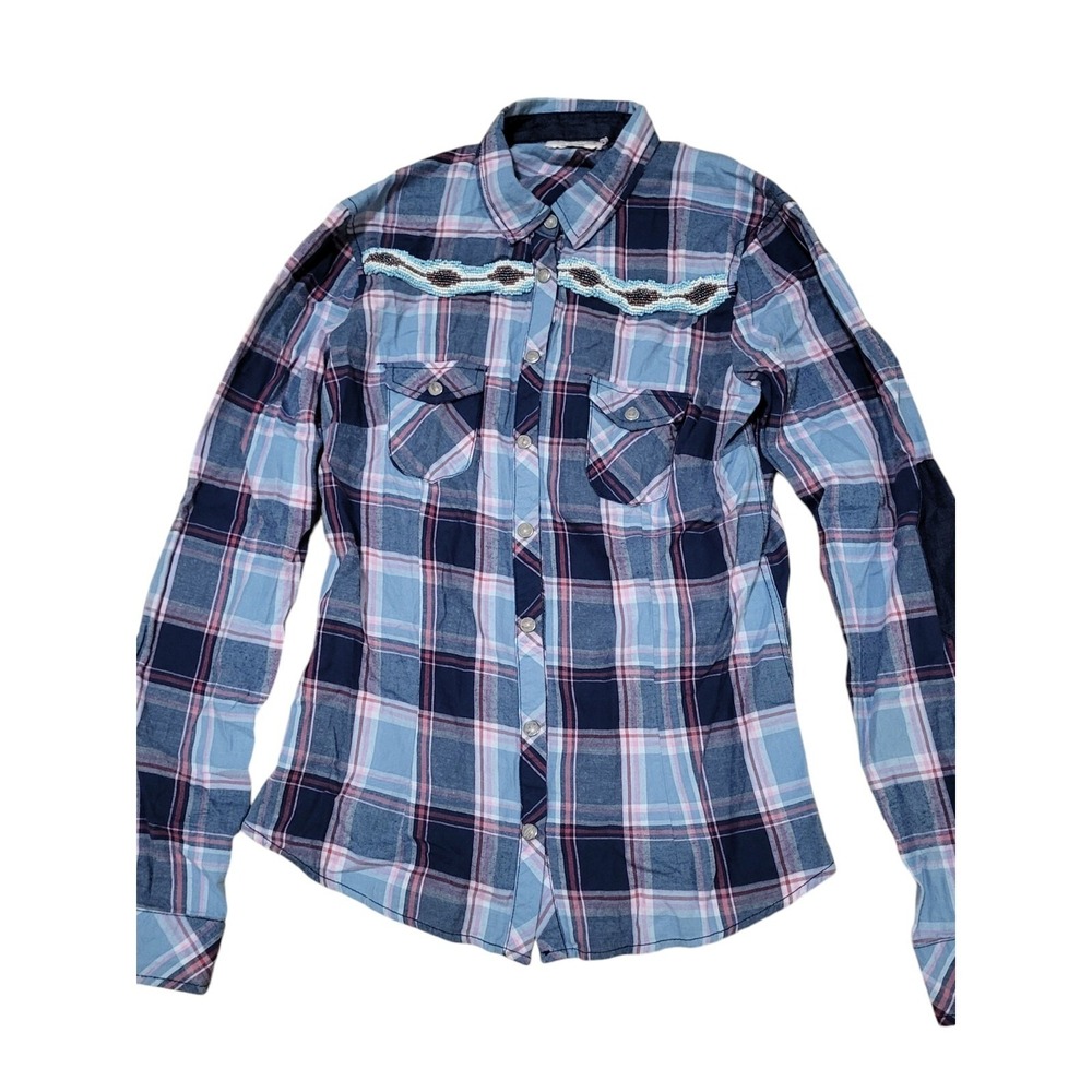Alcott Los Angeles Womens Blue Plaid Beaded Westernâ Button Up Shirt Large